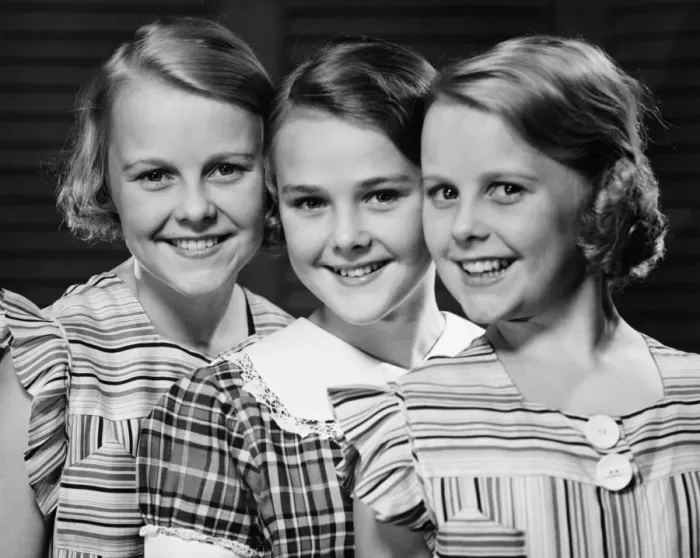 Framed Print : Three smiling girls (12-13) in row, (B&W), portrait Framed Print : Three smiling girls (12-13) in row, (B&W), portrait