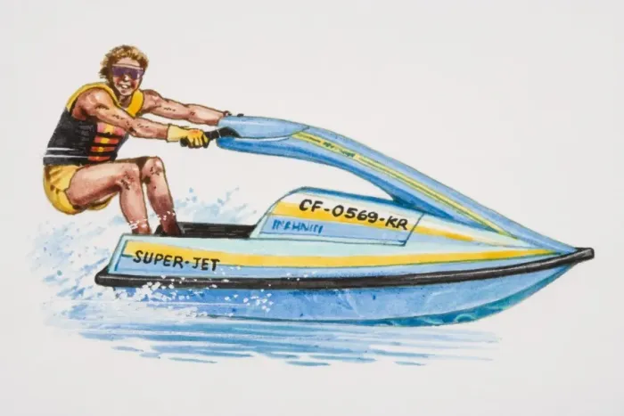Framed Print : Smiling man riding waterbike, side view Framed Print : Smiling man riding waterbike, side view