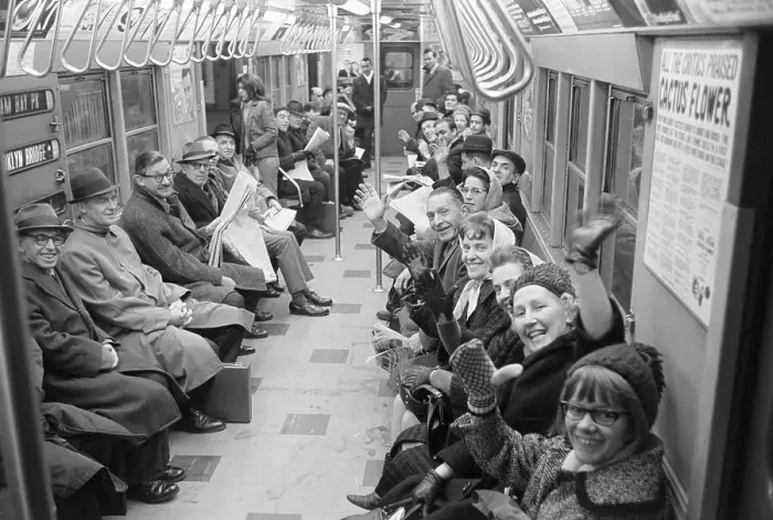 Framed Print : Smiling New Yorkers Seated in Subway Car Framed Print : Smiling New Yorkers Seated in Subway Car