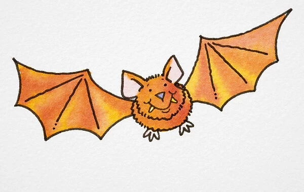 Smiling orange cartoon bat in flight, front view