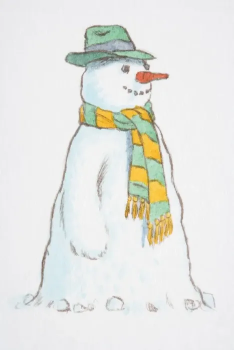 Framed Print : Smiling snowman wearing green hat and yellow-green striped scarf, side view Framed Print : Smiling snowman wearing green hat and yellow-green striped scarf, side view