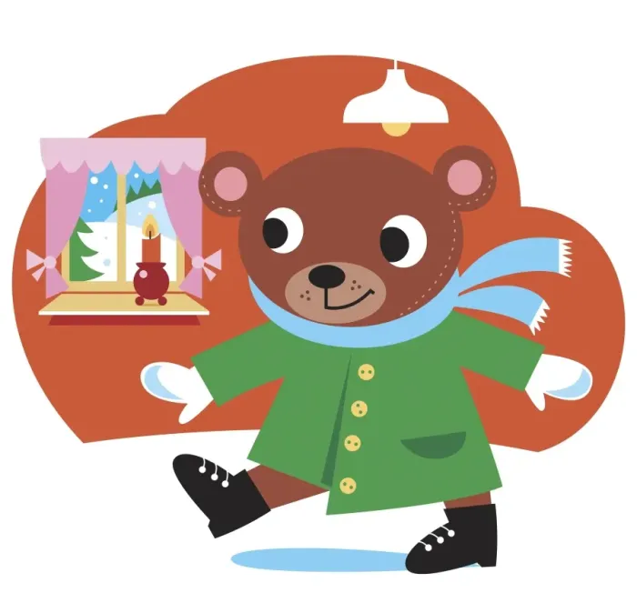Framed Print : Smiling teddy bear in green coat, blue scarf and black shoes, walking through room, window looking out on snowy landscape