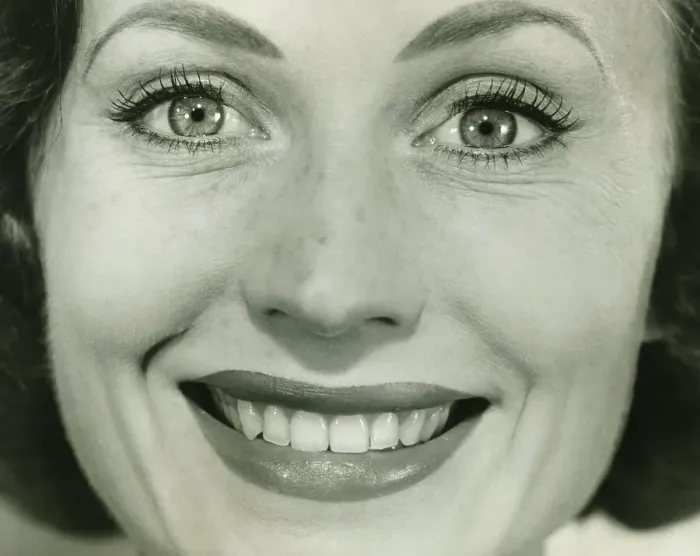 Framed Print : Smiling woman, (B&W), close-up, portrait Framed Print : Smiling woman, (B&W), close-up, portrait