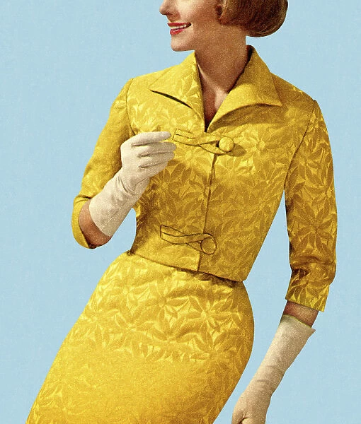 Smiling woman wearing vintage yellow suit