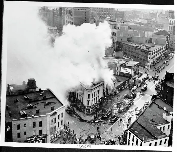 Framed Print : Smoke Billows From Store on Fire Framed Print : Smoke Billows From Store on Fire