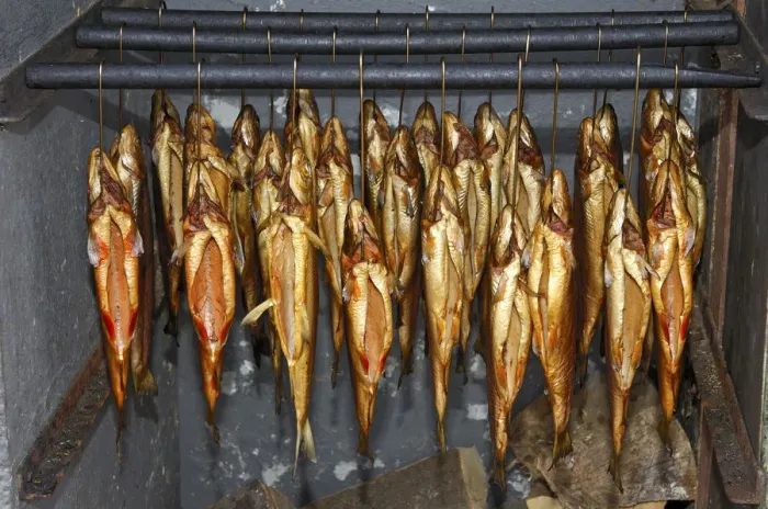 Framed Print : Smoked trout hanging in a smokehouse, Fuschl, Austria, Europe