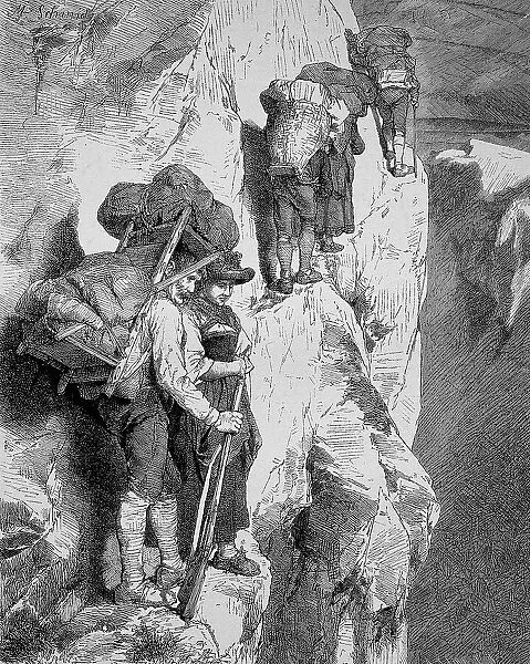 Smugglers on the March through the Mountains, Austria, Historic, digital reproduction of an original 19th-century original