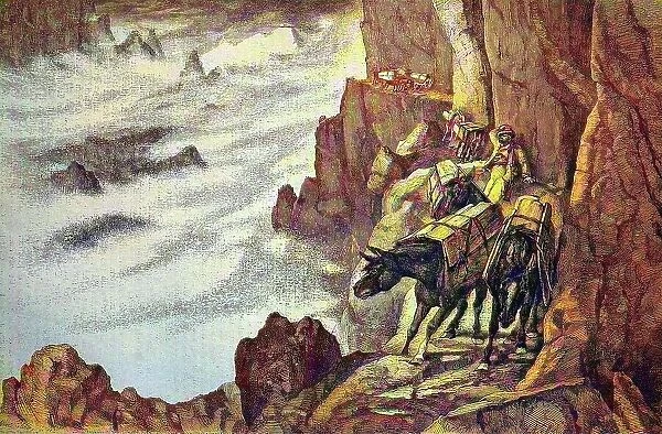 Smugglers in the mountains on a mule track, Italy, historical woodcut, circa 1870, digitally restored reproduction of an original 19th century print, exact original date unknown, coloured