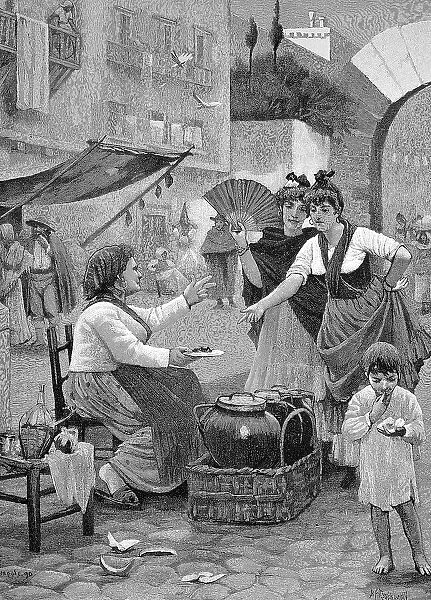 Snail seller in Naples, Italy, Historical, digital reproduction of an original from the 19th century