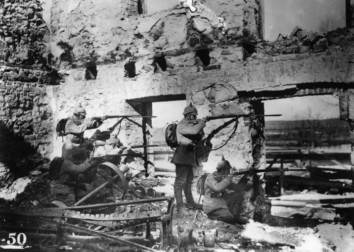 Framed Print : Snipers. circa 1916: German soldiers sniping from a ruined house during World War I Framed Print : Snipers. circa 1916: German soldiers sniping from a ruined house during World War I