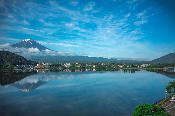 Snow cap Fuji Mountain and reflection on a sunny day, Kawaguchiko, Japan