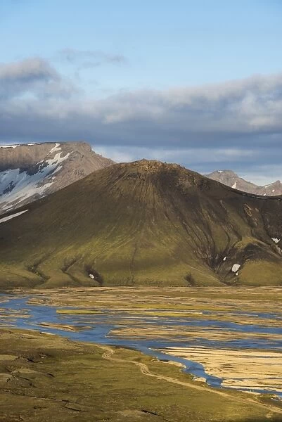 Snow-capped rhyolite mountains, Joekulgilskvisl river, Landmannalaugar Fjallabak Nature Reserve, Highlands, Iceland, Europe