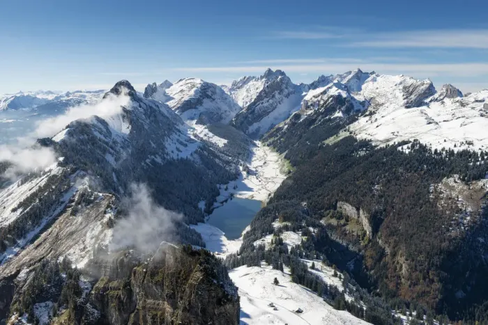 Framed Print : The snow-covered Appenzell Alps and lake Saemtisersee, canton of Appenzell Innerrhoden, Switzerland, Europe Framed Print : The snow-covered Appenzell Alps and lake Saemtisersee, canton of Appenzell Innerrhoden, Switzerland, Europe