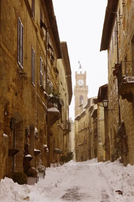 Framed Print : Snow-covered road in Pienza, Tuscany, Italy, Europe Framed Print : Snow-covered road in Pienza, Tuscany, Italy, Europe