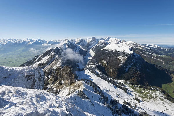 Snow-covered Saentis mountain, 2501m, after an early onset of winter, seen from the southeast, canton of Appenzell Innerrhoden, Switzerland, Europe