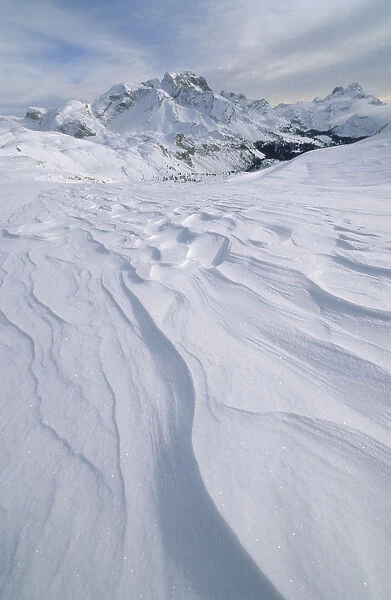 Snow drifts in front of Mt Kleine Gaisl, 2859m, Fanes-Sennes-Prags Nature Park, Dolomites, Italy, Europe