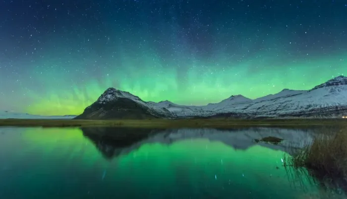 Framed Print : Snow mountain with northern light background
