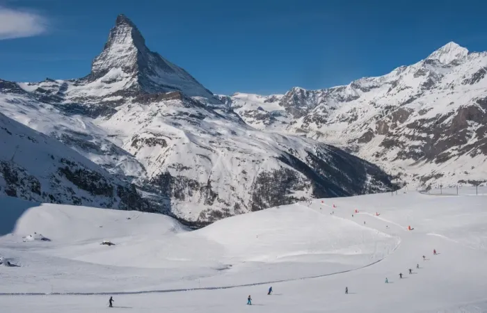 Framed Print : Snow ski track with Matterhorn background