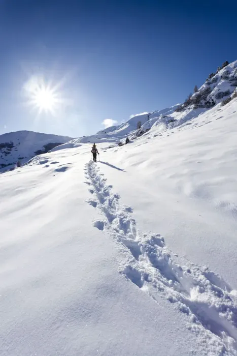 Framed Print : Snowshoer ascending to Jagelealm alpine pasture in Ridnauntal Valley above Entholz, Alto Adige, Italy, Europe