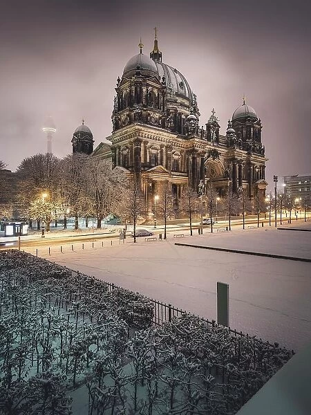 Snowy Berlin Cathedral, Dawn, Berlin, Germany