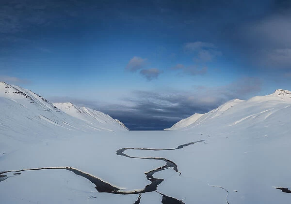 Snowy landscape in a fjord, Iceland
