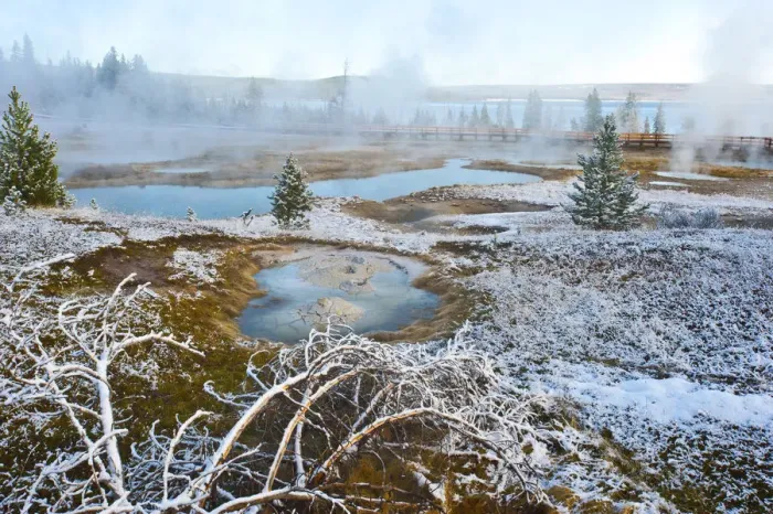 Framed Print : Snowy landscape with West Thumb Geyser Basin in winter, Yellowstone National Park, Wyoming, USA