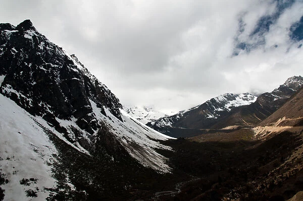 Snowy mountain landscape in north of Sikkim, India