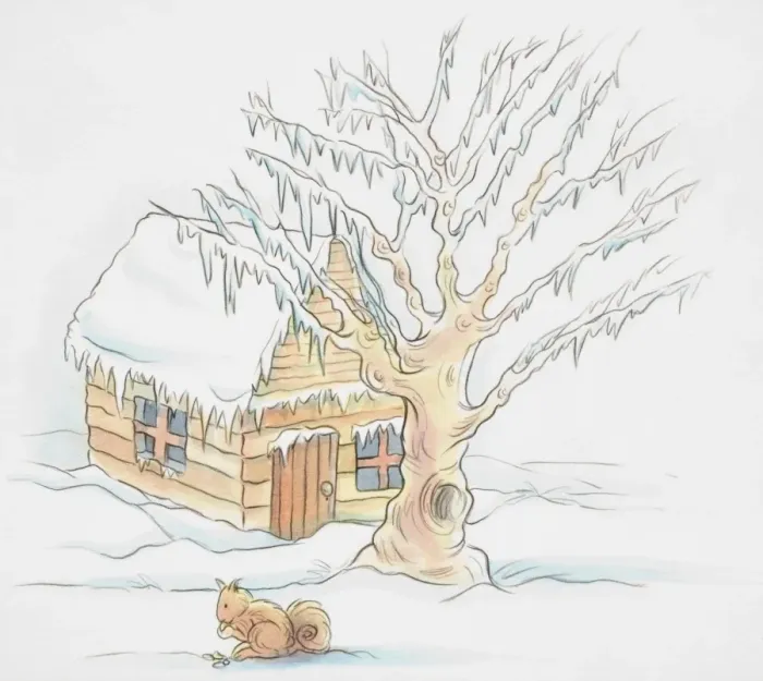 Framed Print : Snowy scene, wooden hut and tree covered with layer of snow, squirrel sitting in foreground eating nuts, side view Framed Print : Snowy scene, wooden hut and tree covered with layer of snow, squirrel sitting in foreground eating nuts, side view