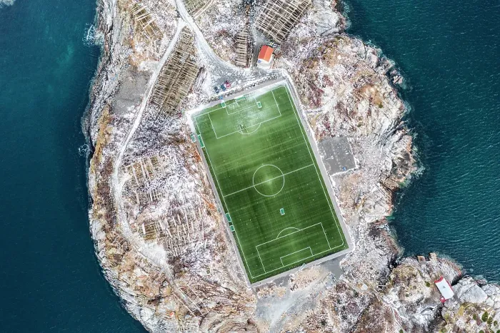 Framed Print : Soccer field from above, Henningsvaer, Norway Framed Print : Soccer field from above, Henningsvaer, Norway