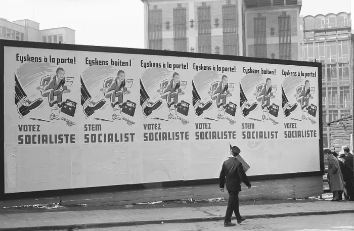 Framed Print : Socialist Billboard Opposing Belgian Premier Gaston Eyskens Framed Print : Socialist Billboard Opposing Belgian Premier Gaston Eyskens