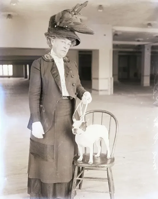 Framed Print : Society Woman with Small Pet Dog on Chair Framed Print : Society Woman with Small Pet Dog on Chair
