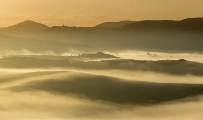 Framed Print : Soft Mist. Mist hills at Dawn. San Quirico d Orcia is a comune (municipality)of c Framed Print : Soft Mist. Mist hills at Dawn. San Quirico d Orcia is a comune (municipality)of c
