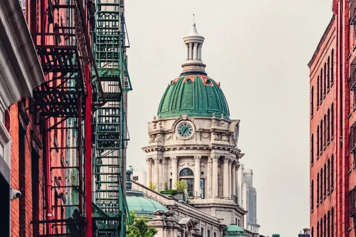 Framed Print : Soho district fire escapes with distant view of Neo-classical building in lower Manhattan Framed Print : Soho district fire escapes with distant view of Neo-classical building in lower Manhattan
