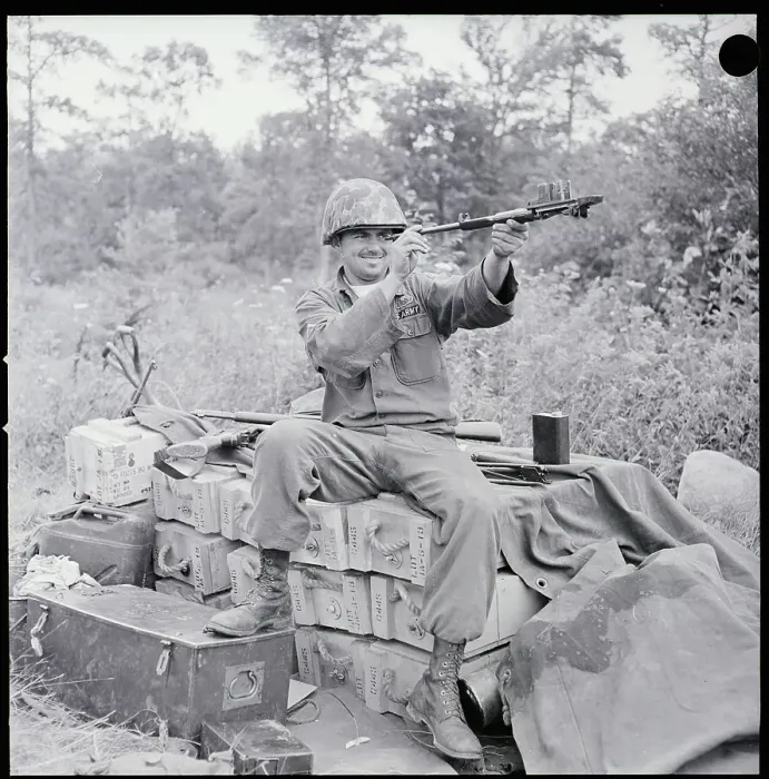 Framed Print : Soldier Checks Barrel Of M1 Rifle _ Framed Print : Soldier Checks Barrel Of M1 Rifle _