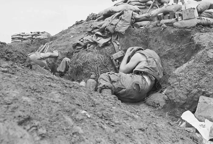 Framed Print : Soldier Crouching in Trench Framed Print : Soldier Crouching in Trench