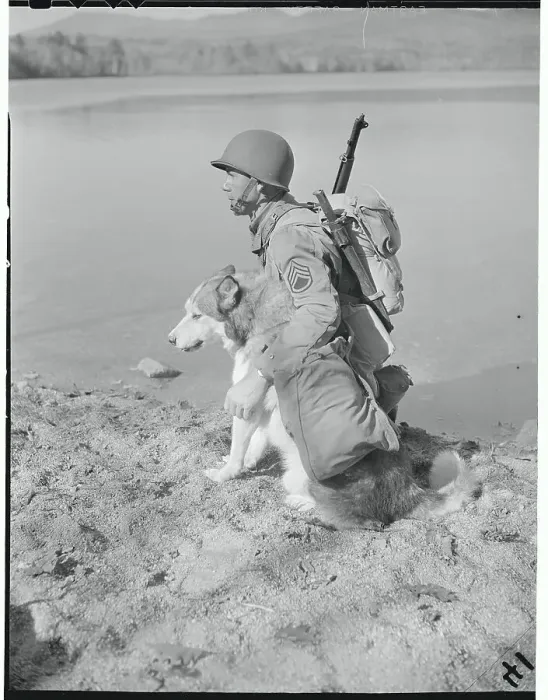 Framed Print : Soldier and Dog on Vast Terrain Framed Print : Soldier and Dog on Vast Terrain