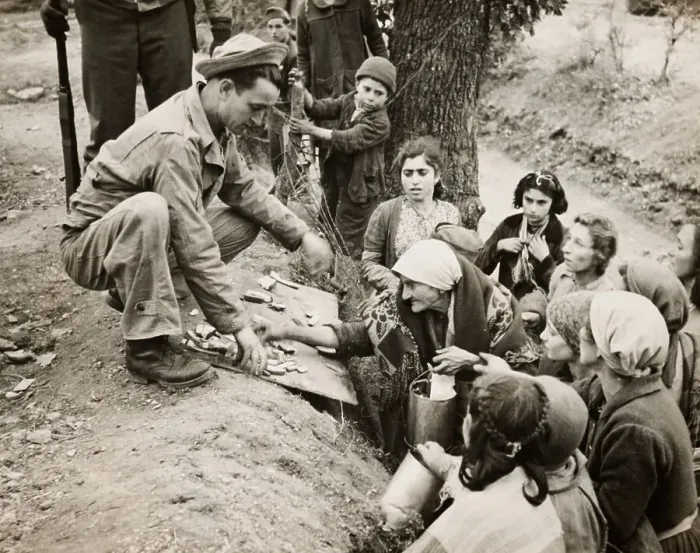 Framed Print : Soldier Gives Food To Italian Women And Children Framed Print : Soldier Gives Food To Italian Women And Children