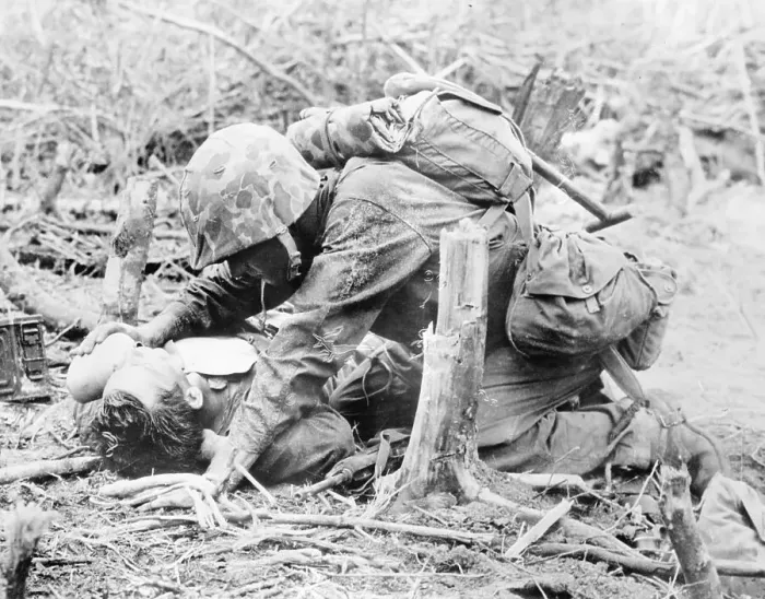 Framed Print : Soldier Providing Fallen Soldier with Water Framed Print : Soldier Providing Fallen Soldier with Water