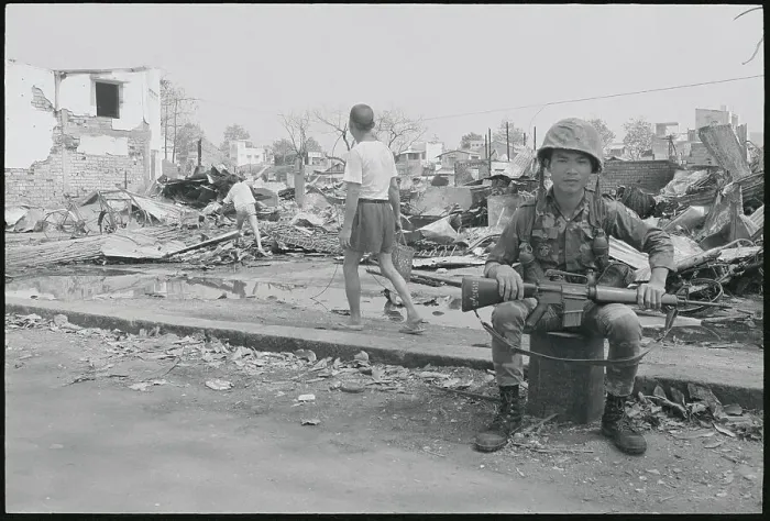 Framed Print : Soldier Sitting Amongst Debris and Ruins Framed Print : Soldier Sitting Amongst Debris and Ruins