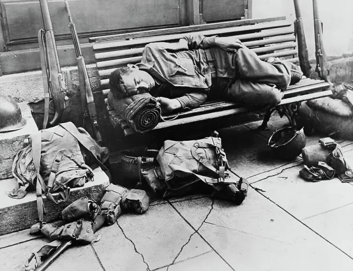 Framed Print : Soldier Sleeping on Bench
