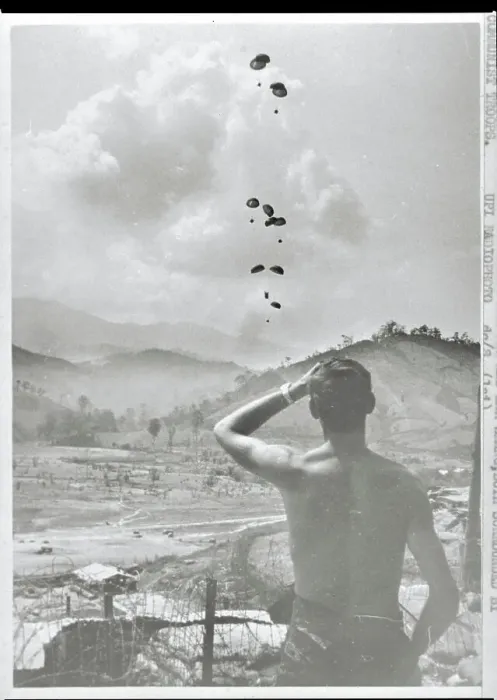 Framed Print : Soldier Watching Supplies Parachuting to Ground Framed Print : Soldier Watching Supplies Parachuting to Ground