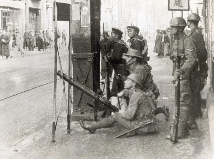 Framed Print : Soldiers Aiming Gun On City Street Framed Print : Soldiers Aiming Gun On City Street