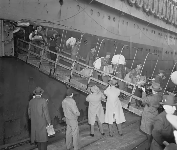Framed Print : Soldiers Arriving on Dock After War's End Framed Print : Soldiers Arriving on Dock After War's End