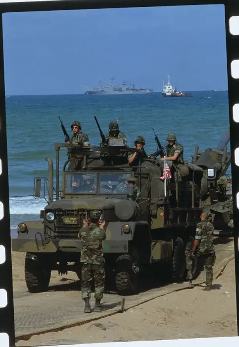 Framed Print : Soldiers Arriving on Shore with Vehicle Framed Print : Soldiers Arriving on Shore with Vehicle