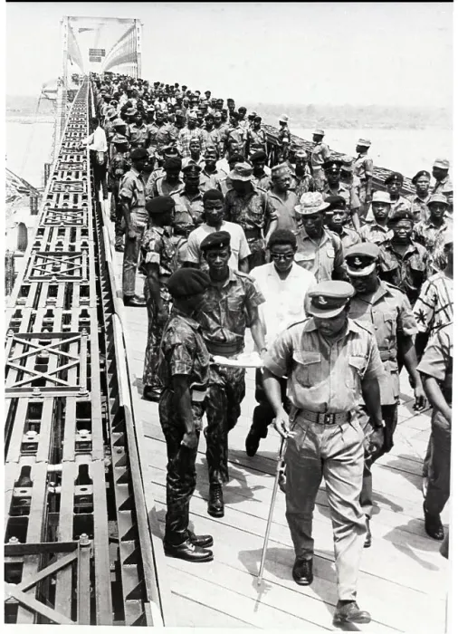 Framed Print : Soldiers and Civilians Cross Niger Bridge Framed Print : Soldiers and Civilians Cross Niger Bridge