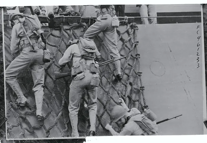 Framed Print : Soldiers Climbing Net on Ship Framed Print : Soldiers Climbing Net on Ship