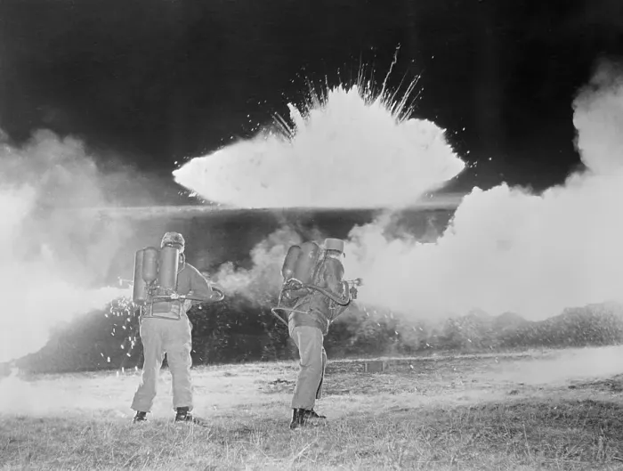 Framed Print : Soldiers Demonstrating Use of Flame Throwers Framed Print : Soldiers Demonstrating Use of Flame Throwers