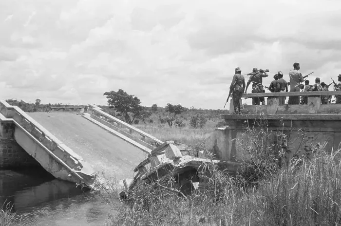 Framed Print : Soldiers Examining Broken Bridge of Bukaco Land Framed Print : Soldiers Examining Broken Bridge of Bukaco Land