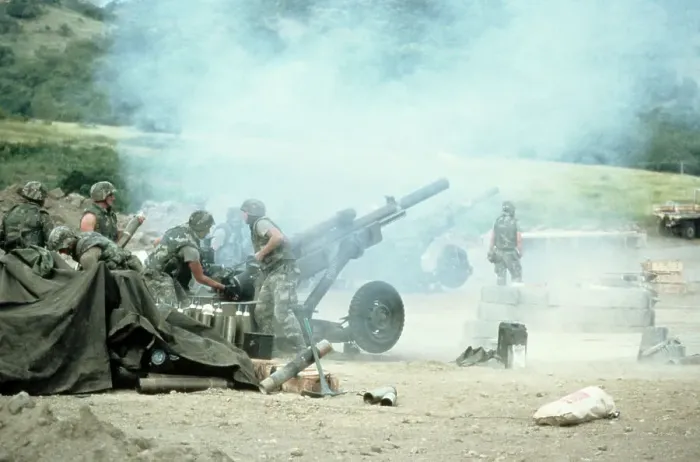 Framed Print : Soldiers Fire Cannons During Invasion Framed Print : Soldiers Fire Cannons During Invasion