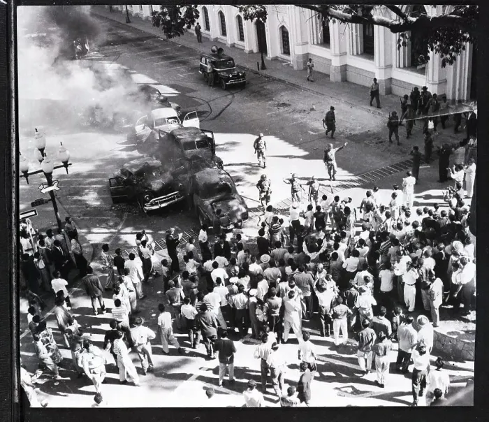 Framed Print : Soldiers Guard Cars Burned in Street Framed Print : Soldiers Guard Cars Burned in Street
